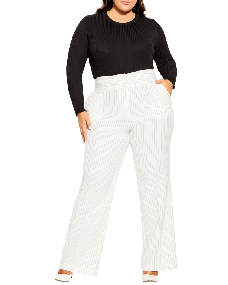 Front of a model wearing a size 24 Penelope Pant in IVORY PINSTRIPE by City Chic. | dia_product_style_image_id:352907